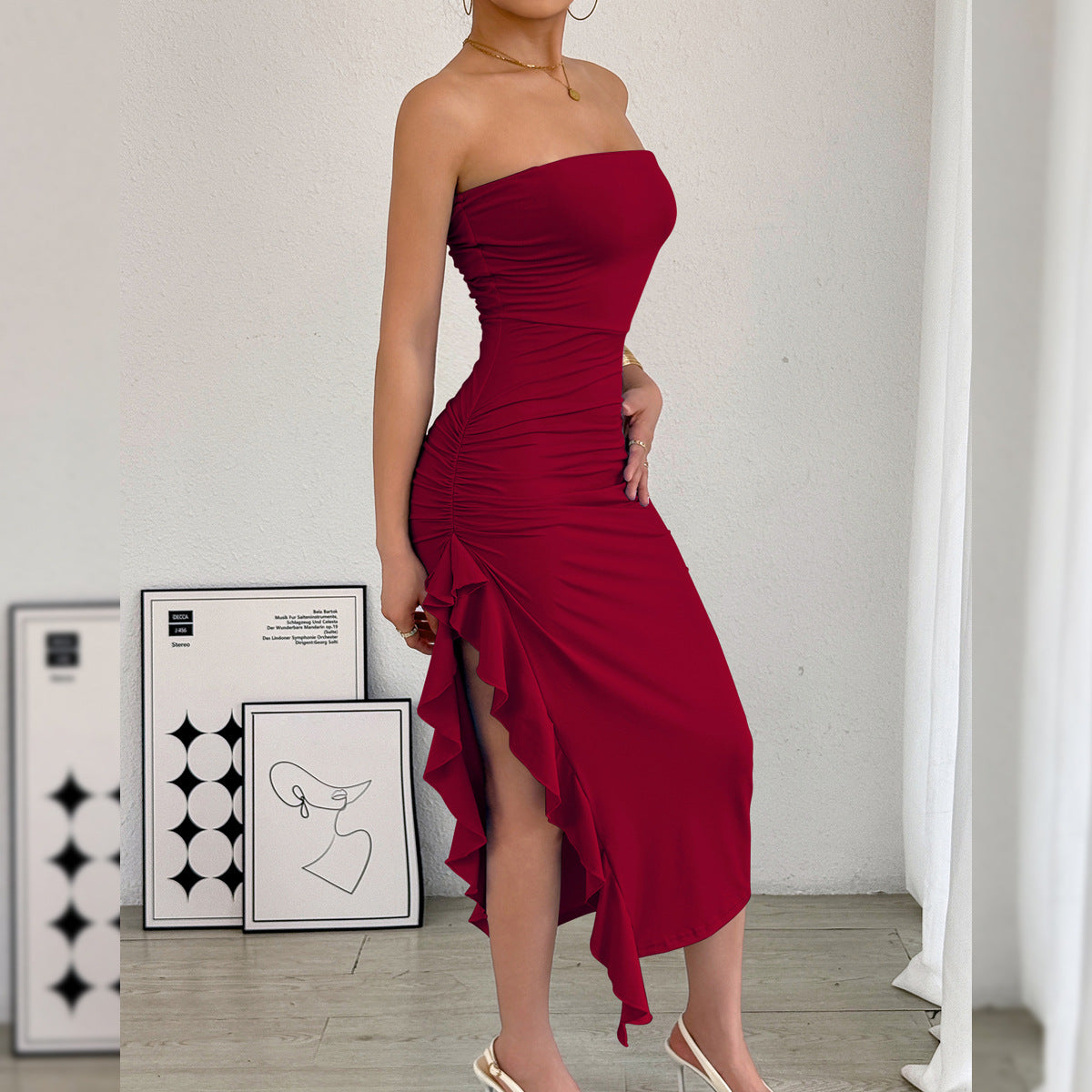 Autumn Winter Women Clothing Slim Fit Slit Wrapped Chest Bag Hip Sexy Dress