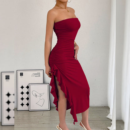 Autumn Winter Women Clothing Slim Fit Slit Wrapped Chest Bag Hip Sexy Dress