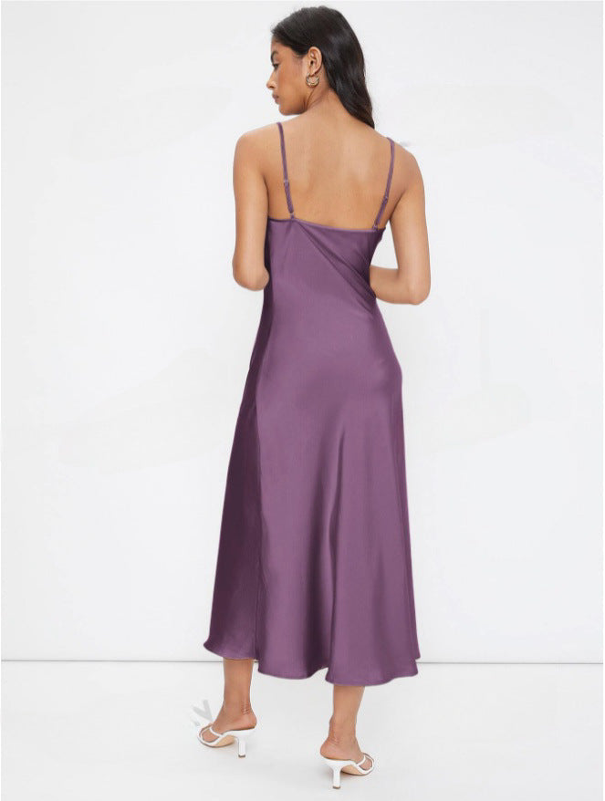Women Clothing Spring Summer Satin Sling Deep V Plunge neck Slim Solid Color Dress