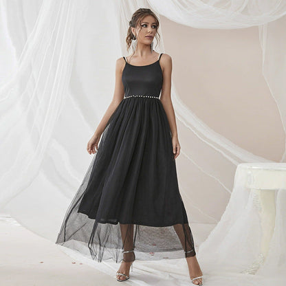 Black Dress Sexy A line Slip Dress Mesh Stitching Sleeveless Dress Slimming