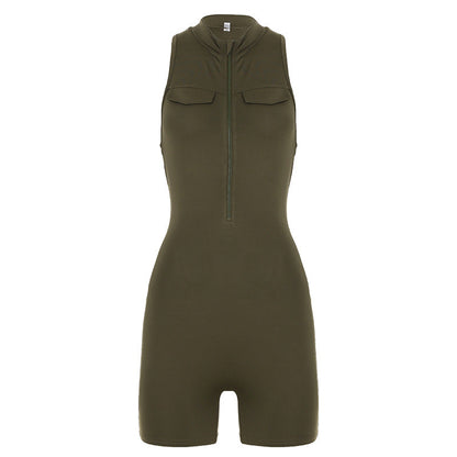 Street Sports Jumpsuit Shorts Stand Collar Zipper Tooling Peach Hip Yoga Fitness One Piece Women