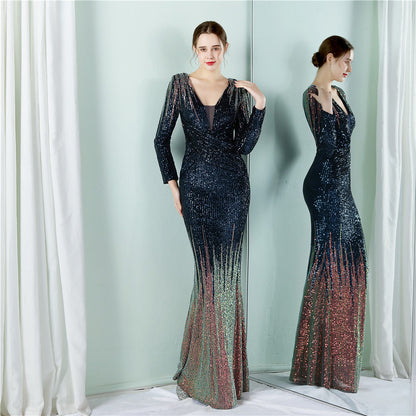 Gradient Sequin Long Sleeve Evening Dress Spring Summer Long Sequ Dress Toast Dress