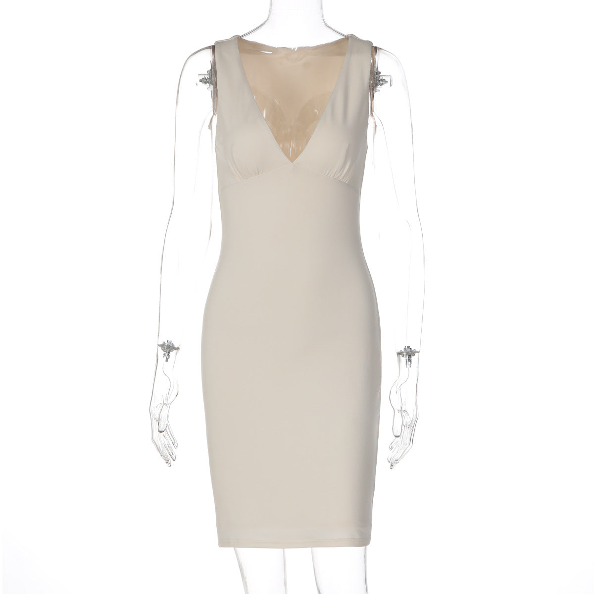 Women Clothing Summer Sexy Low Cut Deep V Plunge neck Simple Solid Color Waist Tight Slimming Hip Dress