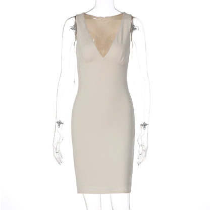 Women Clothing Summer Sexy Low Cut Deep V Plunge neck Simple Solid Color Waist Tight Slimming Hip Dress