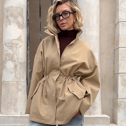 Women Design Mid Length Simple Casual Loose Waist Controlled Lace up Drawstring Trench Coat