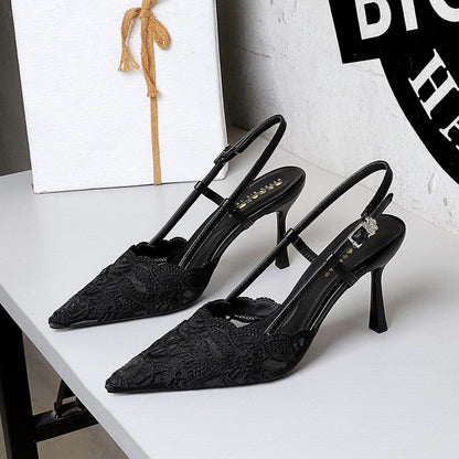 French Ladies Stiletto Heel High Heels Women Sexy High Grade Lace Mesh Pointed Toe Buckle
