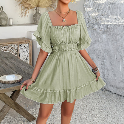 Spring Summer Casual Vacation Solid Color Stringy Selvedge Short Sleeve Women Short Dress