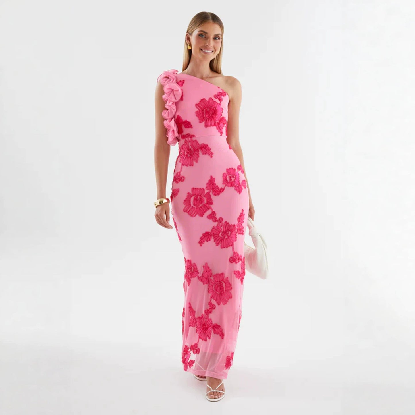 Suspenders Sheath Sexy Three Dimensional Plate Floral Dress Diagonal Collar Summer