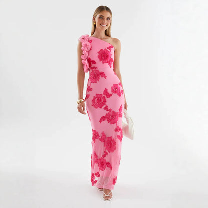 Suspenders Sheath Sexy Three Dimensional Plate Floral Dress Diagonal Collar Summer