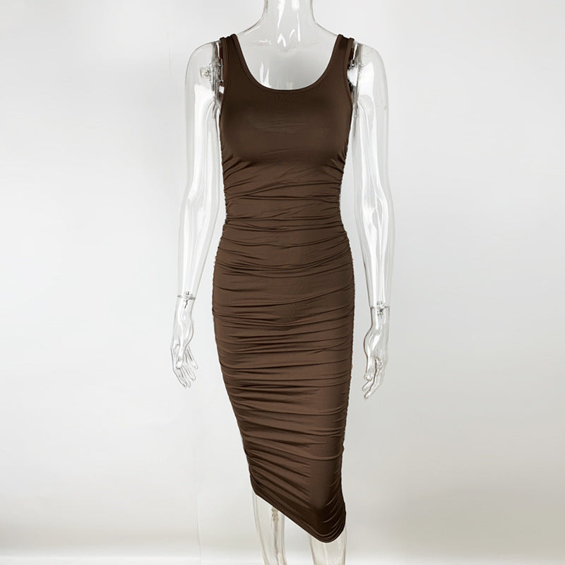 Summer Sexy Women Wear Solid Color Tight Backless Sleeveless Pleated Dress