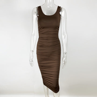 Summer Sexy Women Wear Solid Color Tight Backless Sleeveless Pleated Dress