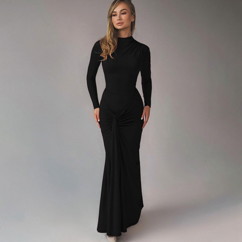 Women Clothing Summer Waist Controlled Lace up Sheath Dress Solid Color Slim Fit Long Sleeves Dress