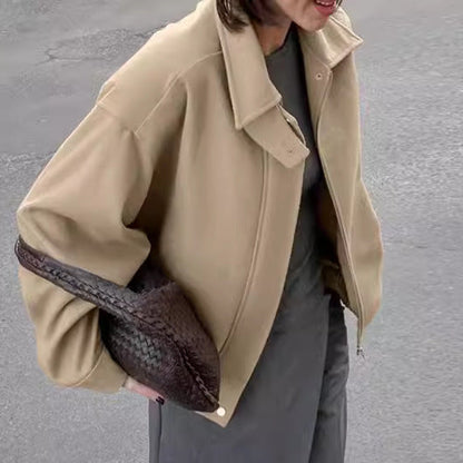 Autumn Winter Loose Lapels Woolen Casual Jacket Women Wear Easy Matching Coat