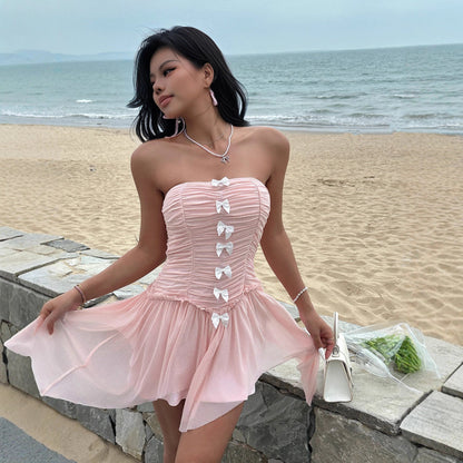 Women Clothing Mesh Stitching Bandage Waist Short Strapless Dress Sexy off the Shoulder Irregular Asymmetric Mini Dress