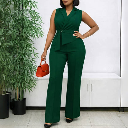 Summer Solid Color Sleeveless Collar Lace up Wide Leg Pants Jumpsuit