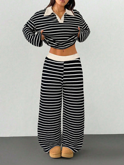 Striped Knitted Contrast Color Lapels V neck Long Sleeved Top Casual Two Piece Sets