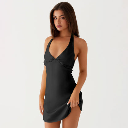 Women Clothing Satin Solid Color V neck Pleated Sexy Halter Backless Dress