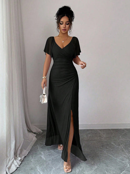 Women Elastic Net V Neck Patchwork Flying Sleeves Slit Evening Dress