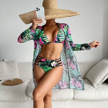 Swimsuit Women Split Three Piece Suit Internet Long Sleeves Printed Bikini Swimsuit