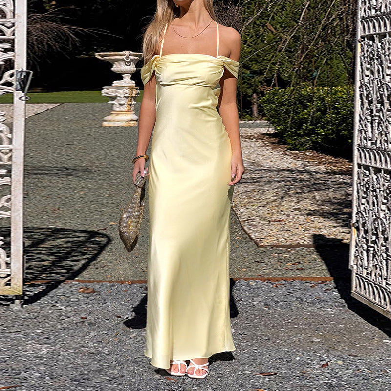 Strap Satin off Shoulder Evening Dress Backless Sexy Dress