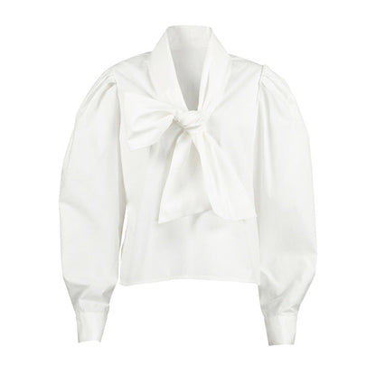Fall Pure Cotton Shirt Women Bow Bandage Loose Casual Long Sleeves All Matching Women Wear