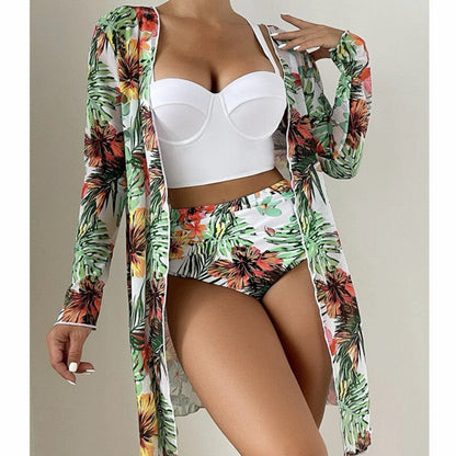 Sexy Mesh Bikini Three Piece Push up Split Printed Swimsuit for Women