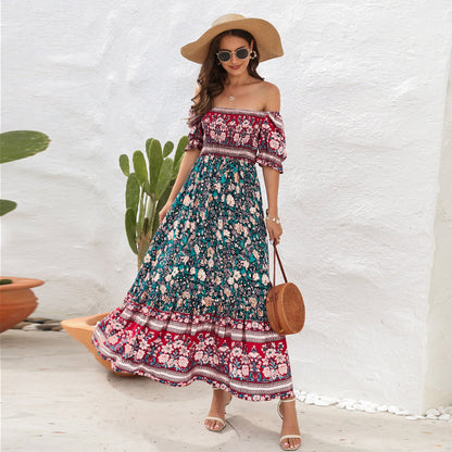 Bohemian Beach Holiday Dress off Shoulder Puff Sleeve Floral Mid Length Dress