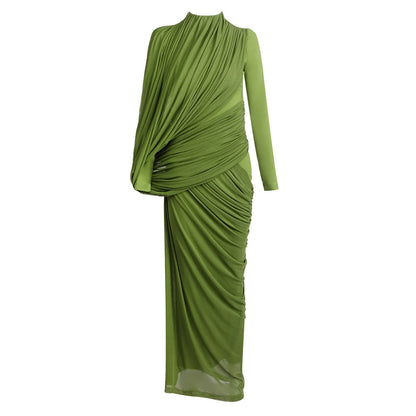Dress Winter round Neck Green Pleated Long Sleeve