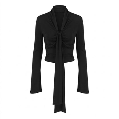 Sexy Low Cut Knitted T shirt Women Autumn Cross Tied Long Sleeves Slim Fit Slim Sexy Top