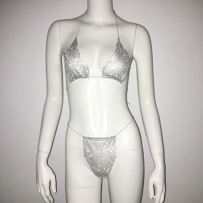 Women Clothing Rhinestone Bikini Set Carnival Sexy Lace Up Outdoor Beach Split Swimsuit