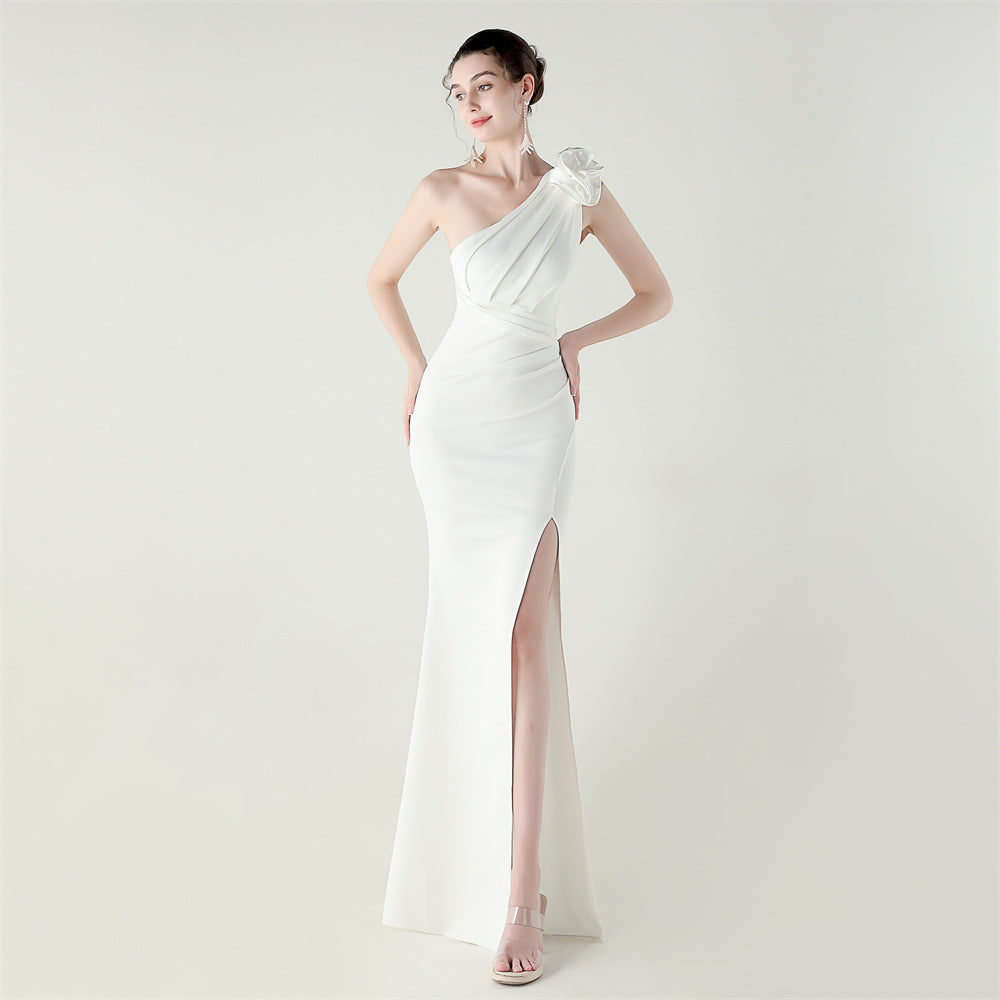 One Shoulder Three Dimensional Floral Satin Folding High Slit Sexy Evening Dress Dinner Wedding Social