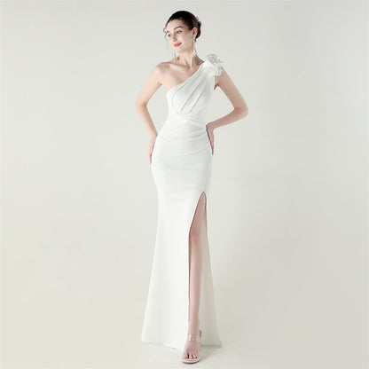 One Shoulder Three Dimensional Floral Satin Folding High Slit Sexy Evening Dress Dinner Wedding Social