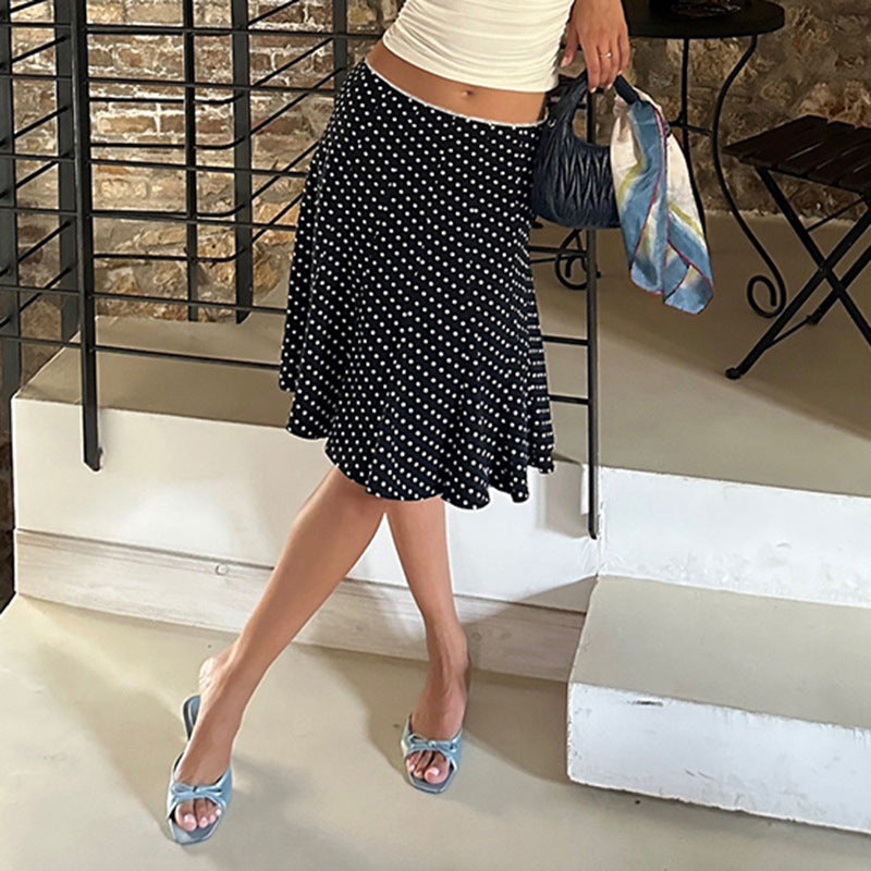 Summer French Mid Length Printed Polka Dot Skirt Retro Hip Wrapped Fishtail Skirt