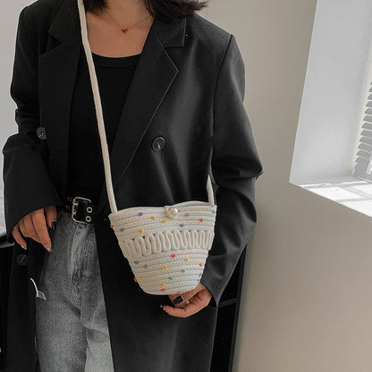 Crossbody Straw Bag Cotton Thread Woven Bag Mobile Phone Change Key Case Hollow Out Cutout Cotton Thread Woven Bag Casual Cute Women