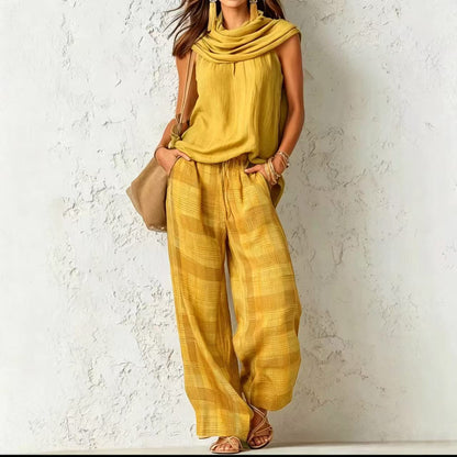 Women Retro Casual Sleeveless Top Plaid Pants Two Piece Sets
