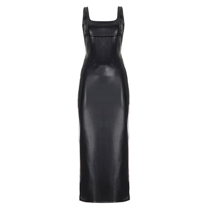 Women Clothing Square Collar Low Cut Drawstring Slim Fit Leather Dress Sexy Sheath Split Dress