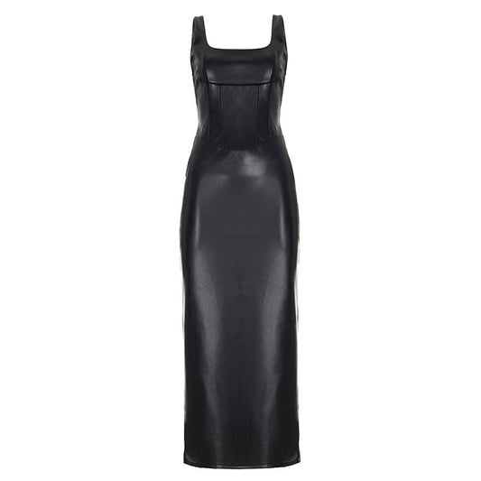 Women Clothing Square Collar Low Cut Drawstring Slim Fit Leather Dress Sexy Sheath Split Dress