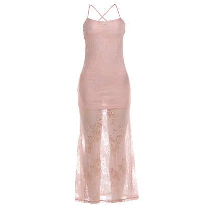Summer Women Clothing Slim Fit Sexy Sling Low Collar Mesh Tied Dress