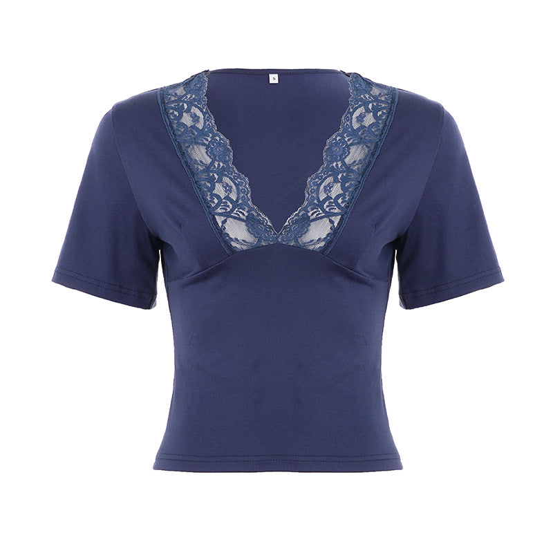 Sexy V neck Lace Patchwork Waist Slimming Figure Flattering Short Sleeve Top Solid Color BASIC Short T shirt Women