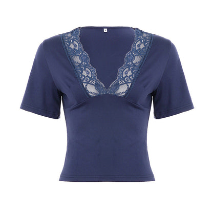 Sexy V neck Lace Patchwork Waist Slimming Figure Flattering Short Sleeve Top Solid Color BASIC Short T shirt Women