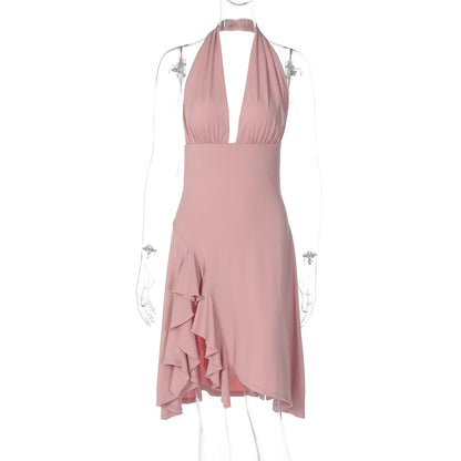 Women Clothing Summer Sexy Deep V Plunge Backless Waist Trimming Sheath Sleeveless Dress Women