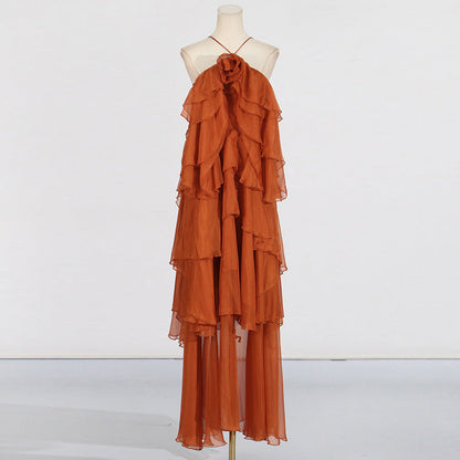 Elegant Lady Patchwork Ruffled Maxi Dress Early Spring Halter Backless Design Maxi Dress Women