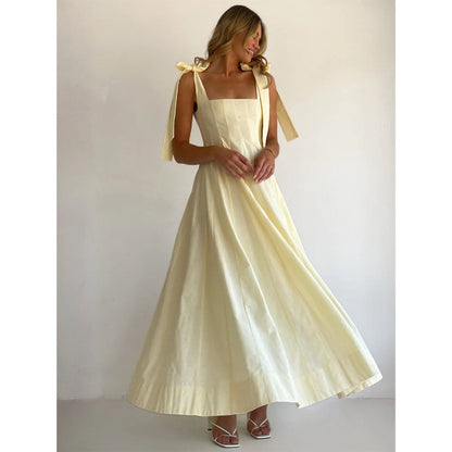 Elegant Solid Color Spring Summer Stitching Tied Maxi Dress