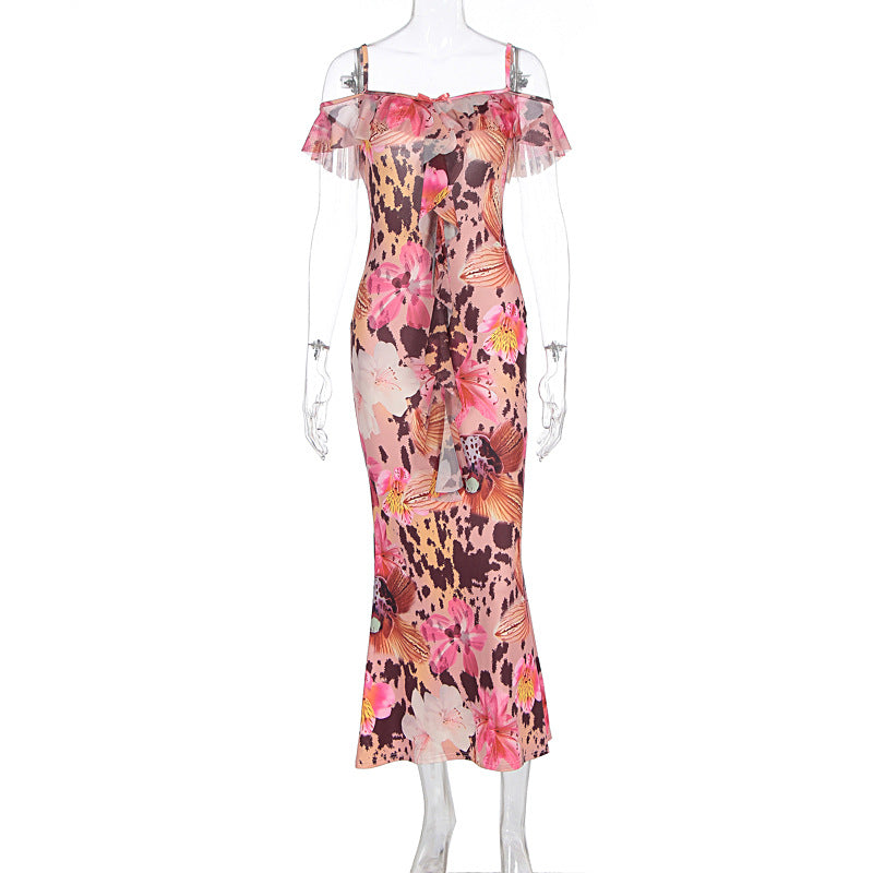 Summer Women Sexy Printed Ruffled Spaghetti Straps Slim Slimming Dress