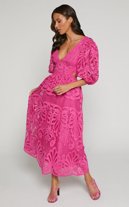 Women Clothing Hollow Out Cutout out Dress Summer V neck Lace Embroidery Sexy Waist Baring Dress