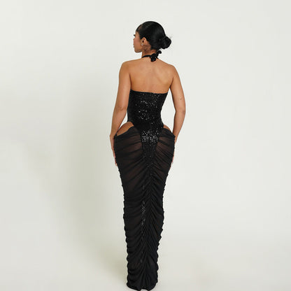 Autumn Winter Women Clothing Fashionable Sequ Stitching Sexy Mesh See through Ruffle Hip Dress