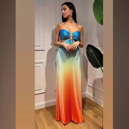Personalized Summer Gradient Color Halter Pleated Long Women Dress