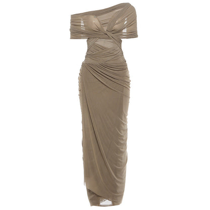 Summer Women Pleated Design Tight Waist Maxi Dress Sexy See through Dress