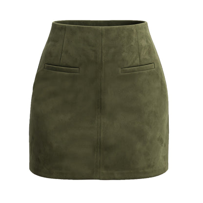 Autumn Winter Women Suede Pocket Skirt High Waist Zipper Solid Color Mini Skirt