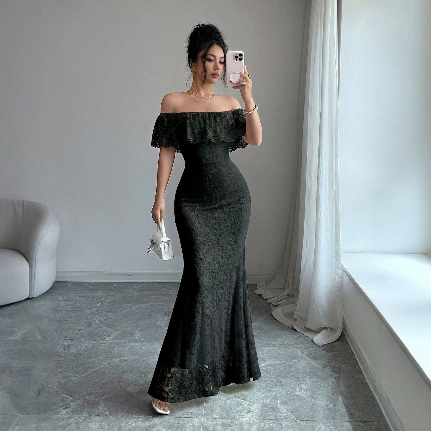Autumn Elegant off Shoulder Ruffled Lace Patchwork Maxi Dress